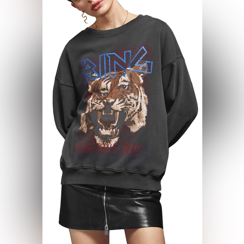 Anine Bing Tiger Muse Sweatshirt Washed Black Crewneck Graphic Pullover Size XS